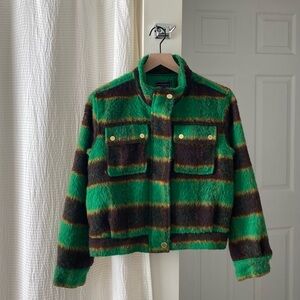 G by Giuliana Vibrant Green and Brown Brushed Plaid Bomber Jacket